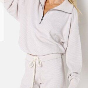 Varley Buckingham Sweater Large Oatmeal Knit Drawstring Hem Quarter Zip Pullover